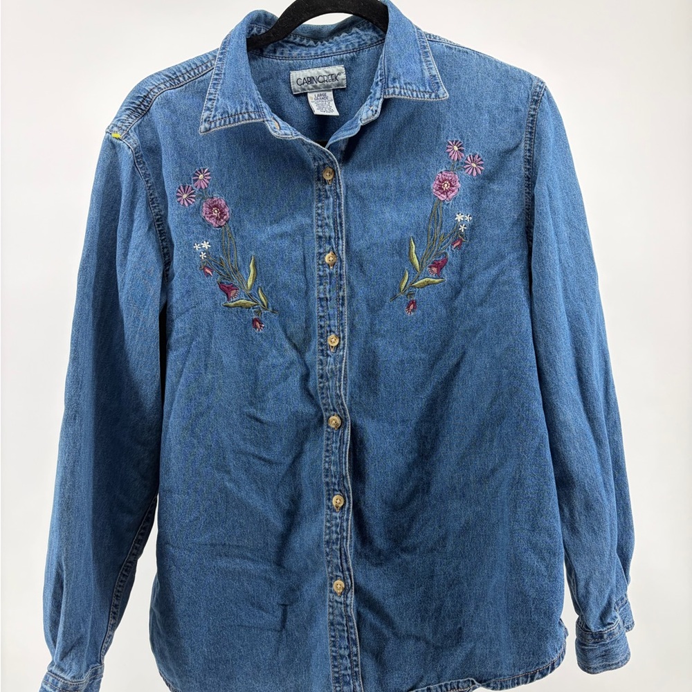 Cabin Creek Women Denim Jean Embroidered Collared Long Sleeve‎ Size L, Vintage